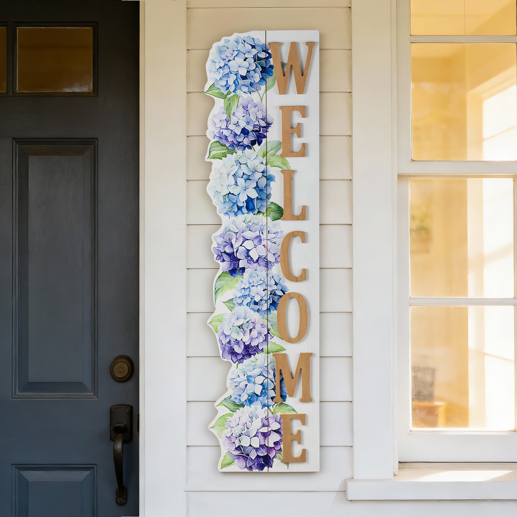 Glitzhome® 42" Solid Wood Hydrangea "WELCOME" Front Porch Sign